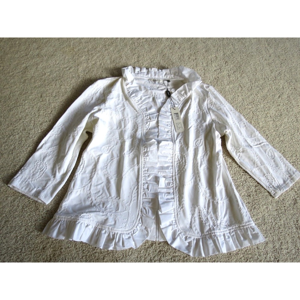 Ravel Women White Embroidered Open Front Blouse Vine Design Ruffle Trim Size L